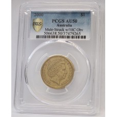 AUSTRALIA 2000 . ONE 1 DOLLAR COIN . ERROR . MULE . STRUCK ON TEN 10 CENTS